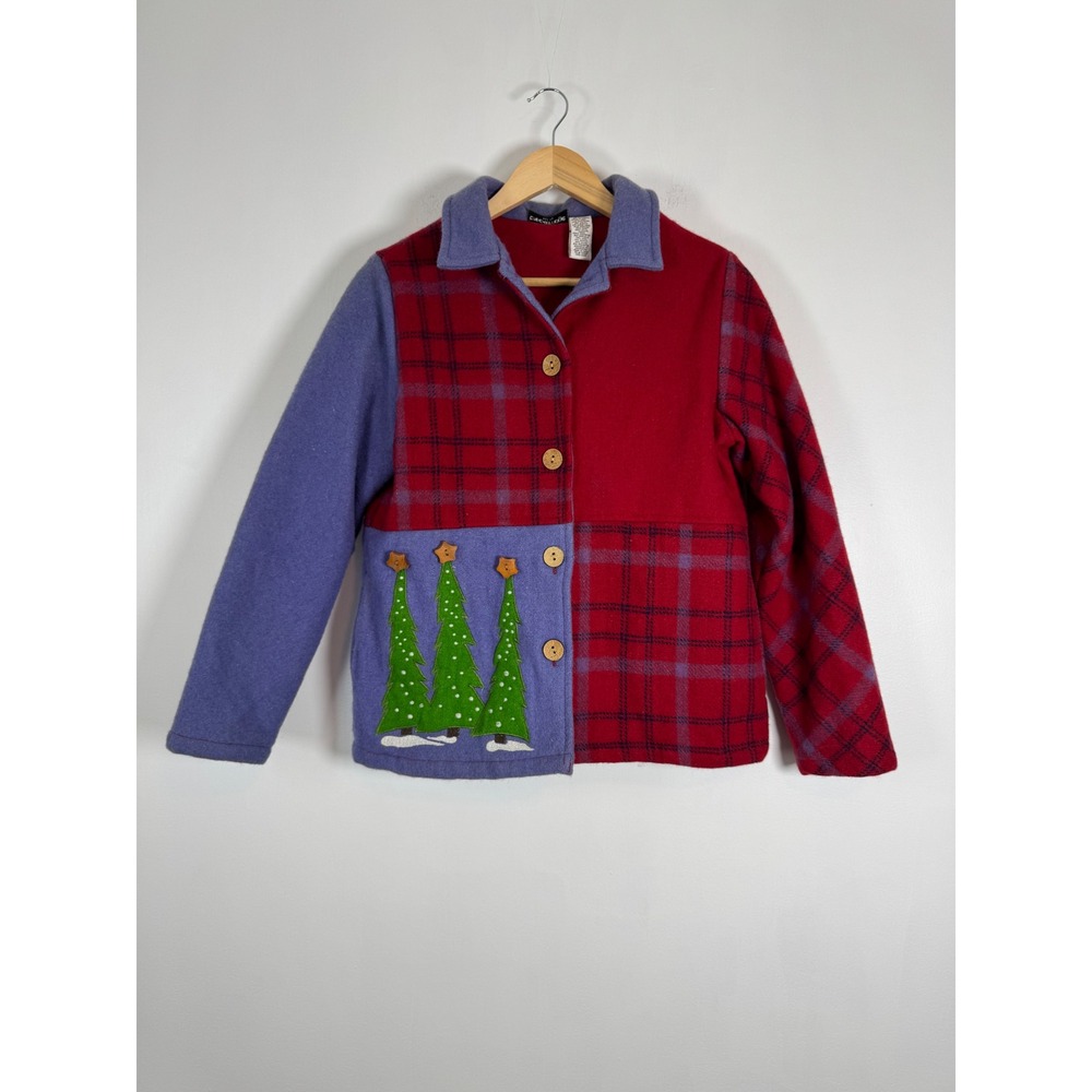 Cottagecore Breckenridge Womens PS Wool Jacket Red Blue Plaid Christmas Trees